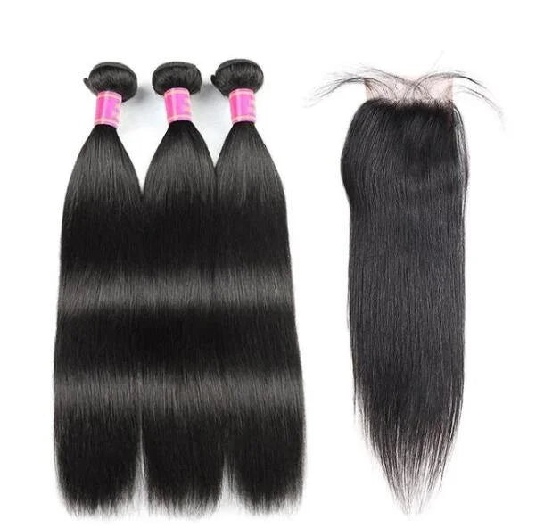 3 Bundles with 4x4 Lace Closure Straight Human Hair Brazilian Virgin Hair