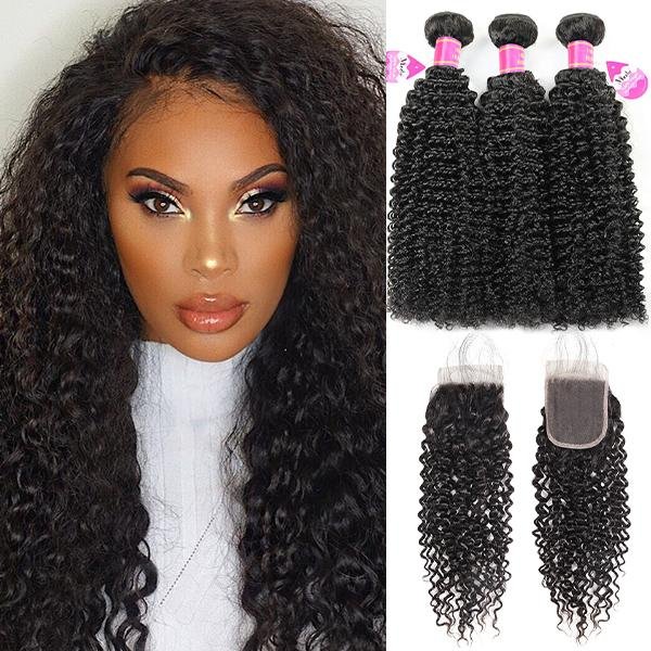 3 Bundles with 4x4 Lace Closure Kinky Curly Human Hair Brazilian Virgin Hair