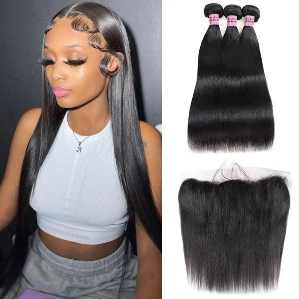 3 Bundles with 13x4 Lace Frontal Straight Human Hair Peruvian Virgin Hair