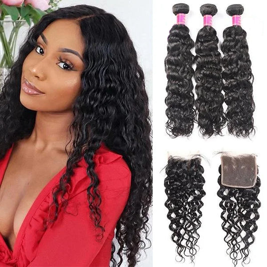 3 Bundles with 4x4 Lace Closure Water Wave Human Hair Brazilian Virgin Hair