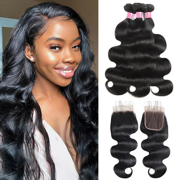 3 Bundles with 4x4 Lace Closure Body Wave Human Hair Brazilian Virgin Hair