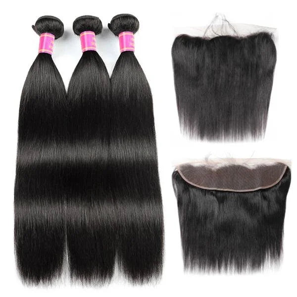 3 Bundles with 13x4 Lace Frontal Straight Human Hair Peruvian Virgin Hair