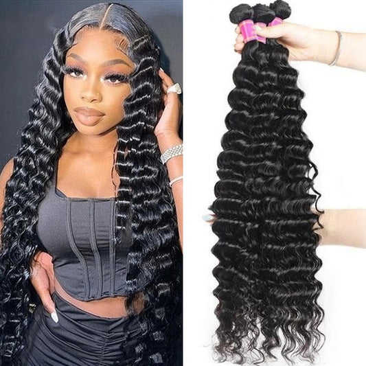 3 Bundles Deep Wave Human Hair Weave Unprocessed Brazilian Human Hair Extensions