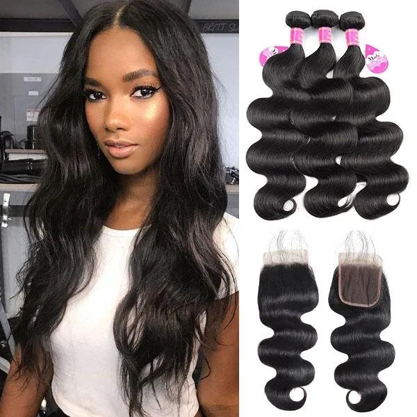 3 Bundles with 4x4 Lace Closure Body Wave Human Hair Brazilian Virgin Hair