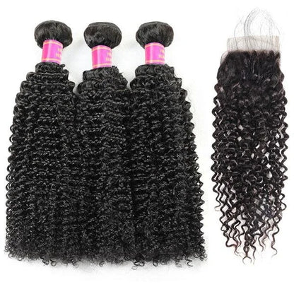 3 Bundles with 4x4 Lace Closure Kinky Curly Human Hair Brazilian Virgin Hair