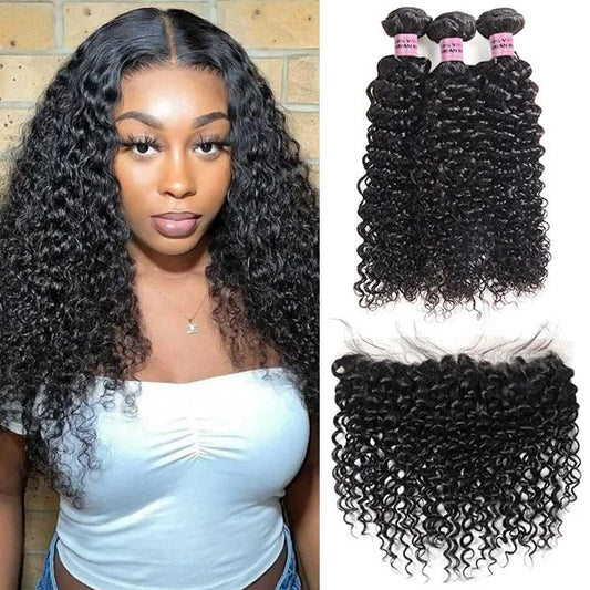 3 Bundles with 13x4 Lace Frontal Water Wave Human Hair Peruvian Virgin Hair