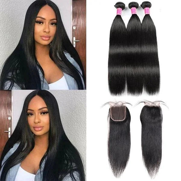 3 Bundles with 4x4 Lace Closure Straight Human Hair Brazilian Virgin Hair