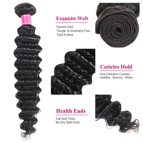 3 Bundles Deep Wave Human Hair Weave Unprocessed Brazilian Human Hair Extensions