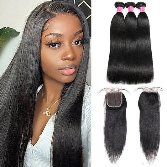 3 Bundles with 4x4 Lace Closure Straight Human Hair Brazilian Virgin Hair