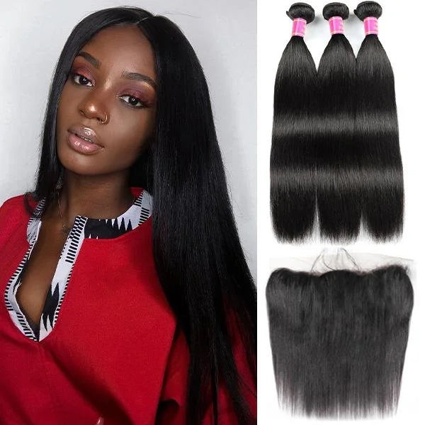 3 Bundles with 13x4 Lace Frontal Straight Human Hair Peruvian Virgin Hair