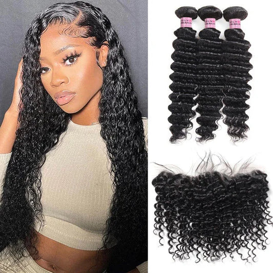 3 Bundles with 13x4 Lace Frontal Deep wave Human Hair Peruvian Virgin Hair