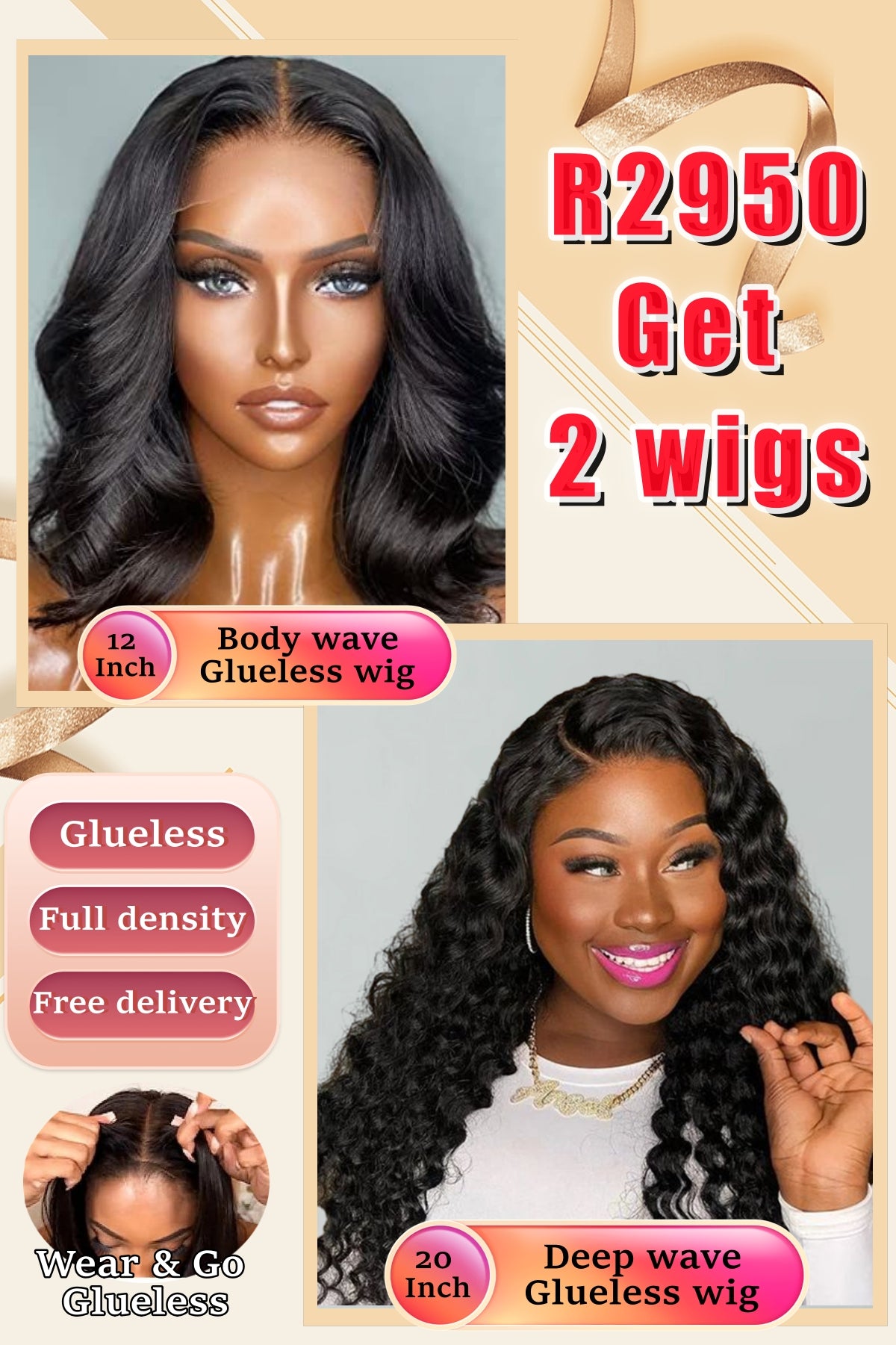 Glueless 2 Wigs Special Combo Body Wave 12 inch & Deep Wave 20 inch